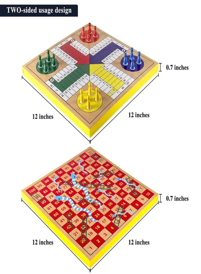 AMEROUS 12 inches Wooden Ludo Board Game - Snakes and Ladders, 2 in 1 Reversible, 1-4 Players Family Dice Games Set for Kids, Adults, Classics Tabletop Version (Gift Box Packed) - Image 4